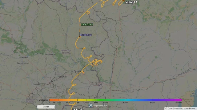Map of the Russian EMERCOM Be-200ChS's track over the Donbas region