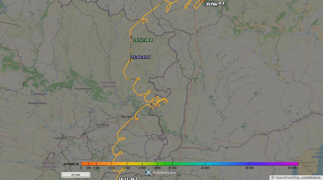 Map of the Russian EMERCOM Be-200ChS's track over the Donbas region