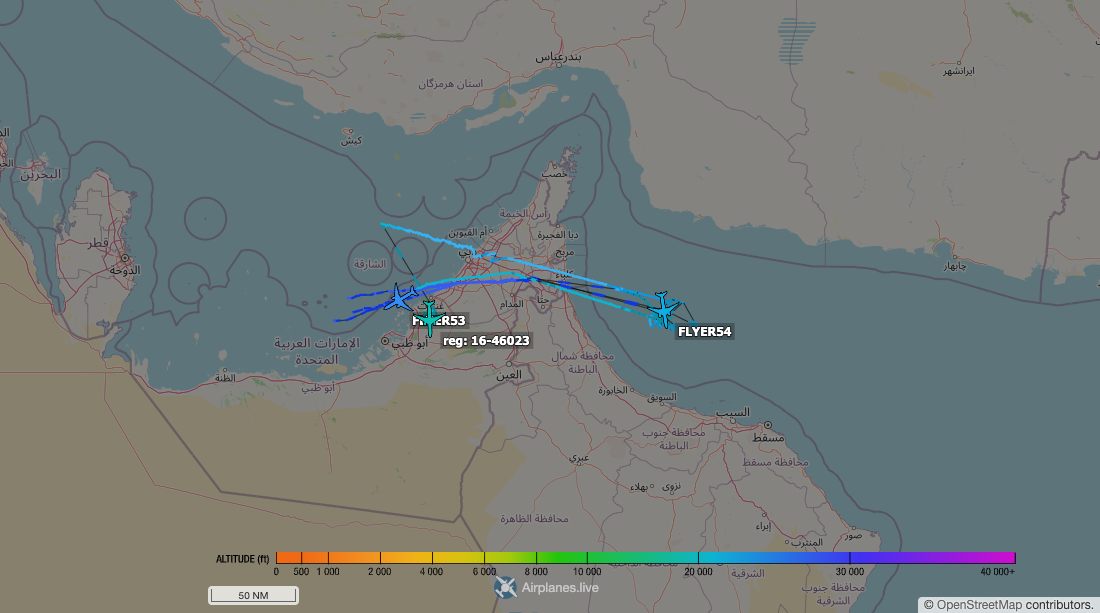 Aircraft tracking map accompanying “Day two on the Hormuz tanker anchors”