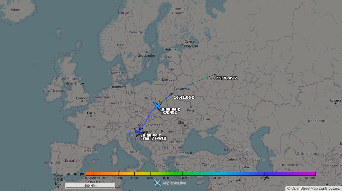 Aircraft tracking map accompanying “Two Algerian Air Force heavies out of the Moscow area”