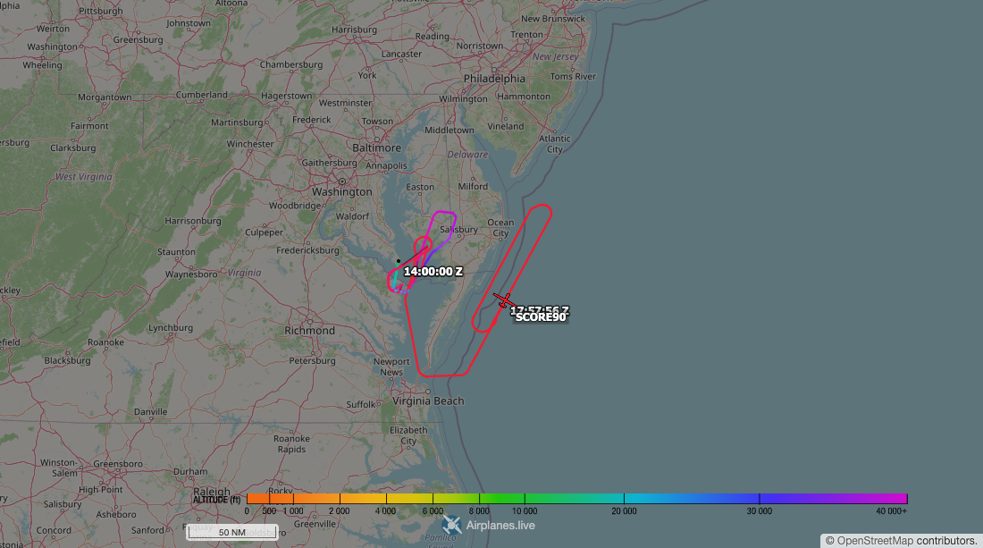 Aircraft tracking map accompanying “Navy Triton working long legs off the Virginia Capes”